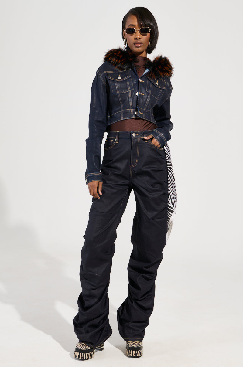 SITTING PRETTY FUR TRIM COATED DENIM JACKET