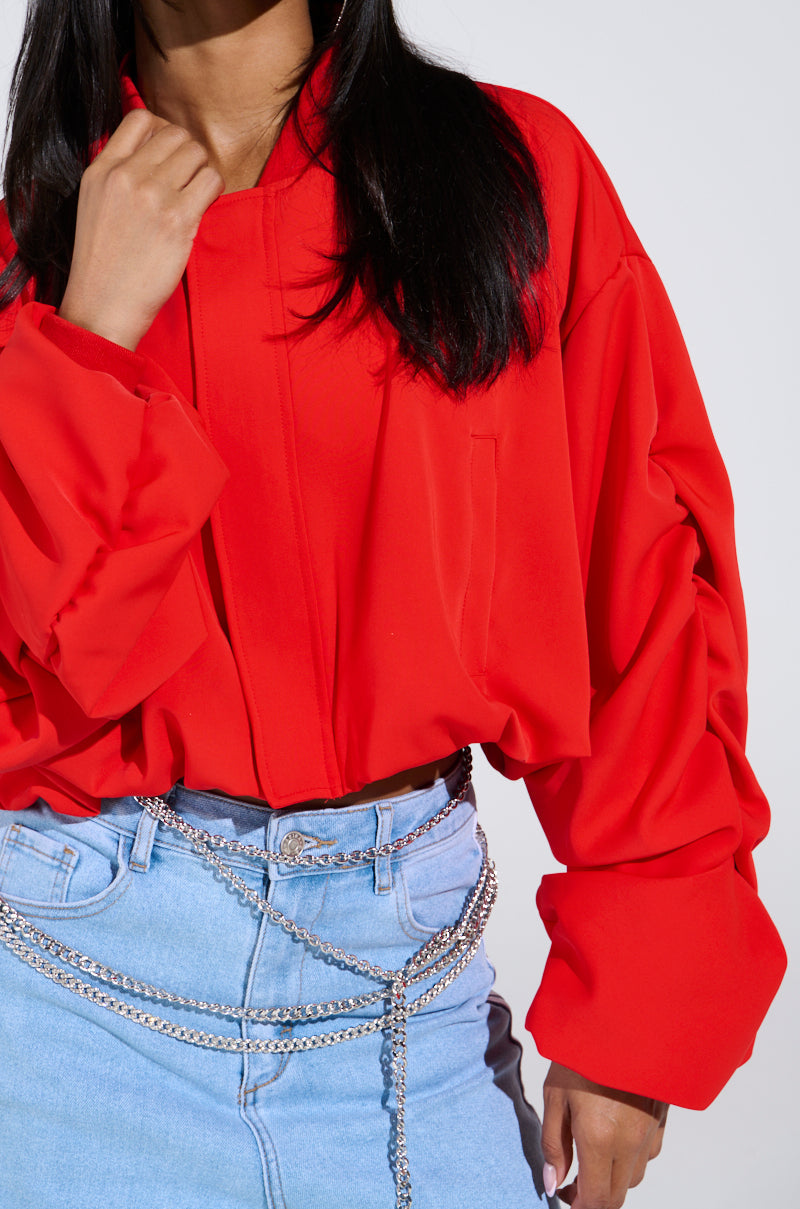 TREY RUCHED SLEEVE BOMBER IN RED