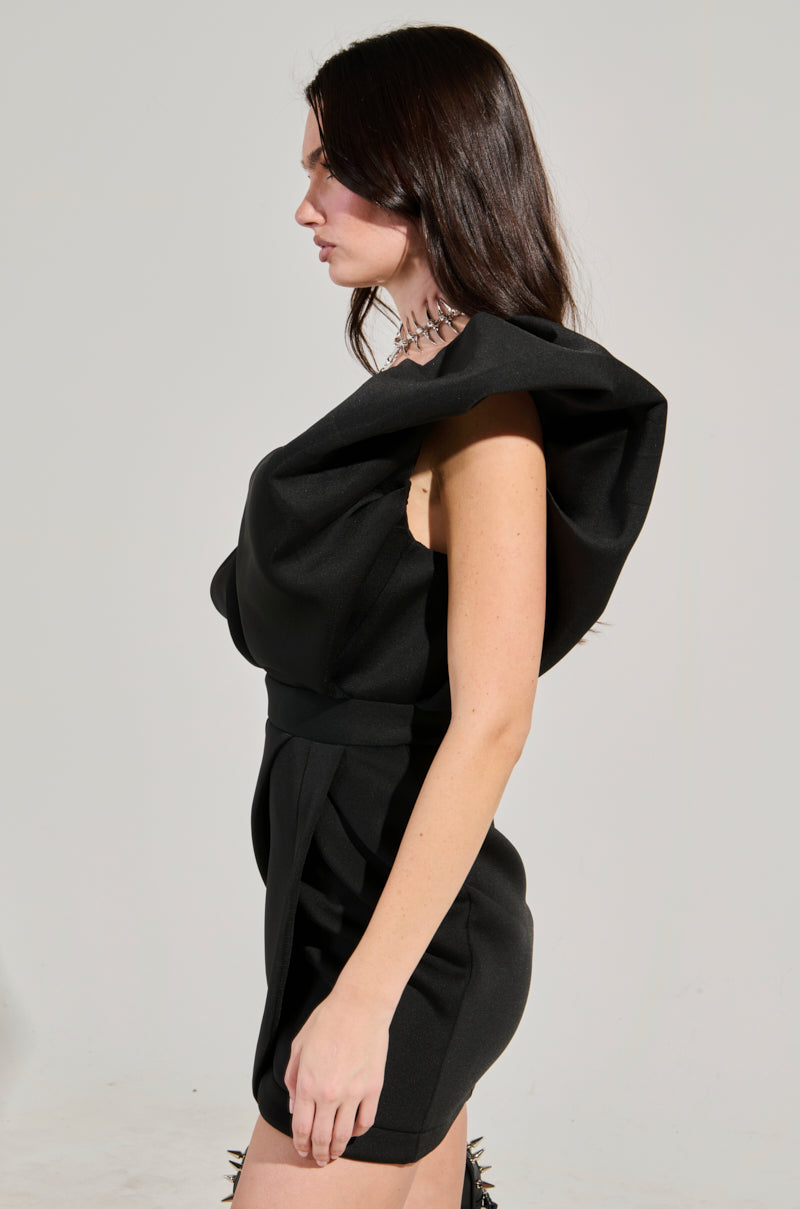 IRREPLACEABLE RUFFLE SLEEVE TULIP HEM MINI DRESS IN BLACK