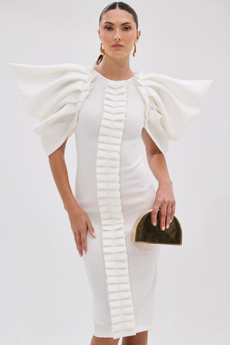 PURE JOY MIDI DRESS WITH DRAMATIC SLEEVE IN WHITE