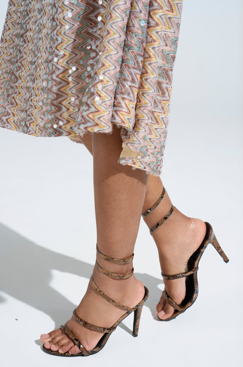 AKIRA LOWRI BROWN SNAKE SPIRAL STILETTO SANDAL