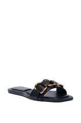 AKIRA NOELINE BLACK WITH GOLD HARDWARE SLIP ON SANDAL