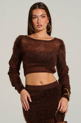 TIME FLIES CROP SWEATER IN BROWN