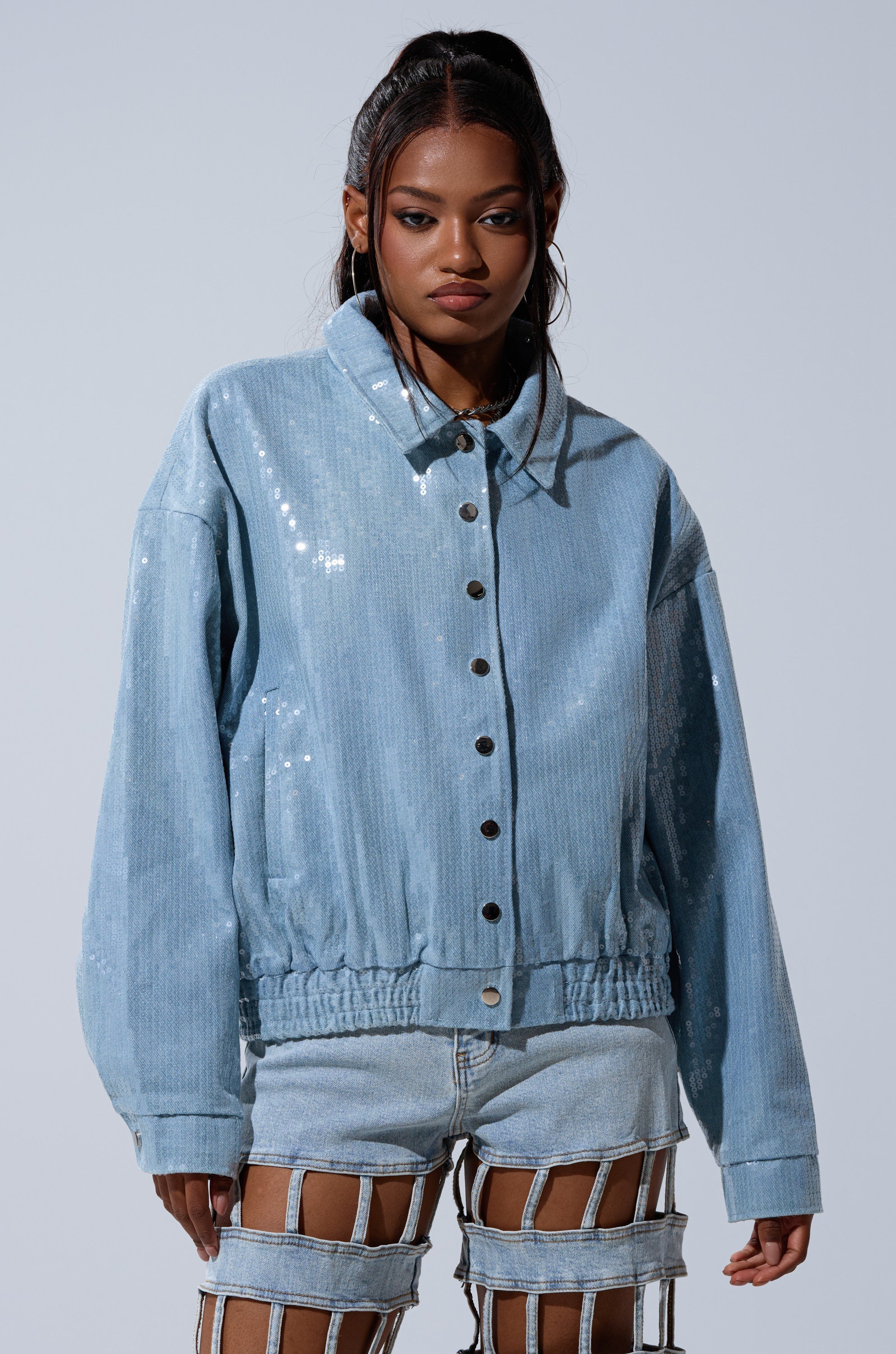 SEQUIN OVERLAY DENIM BOMBER