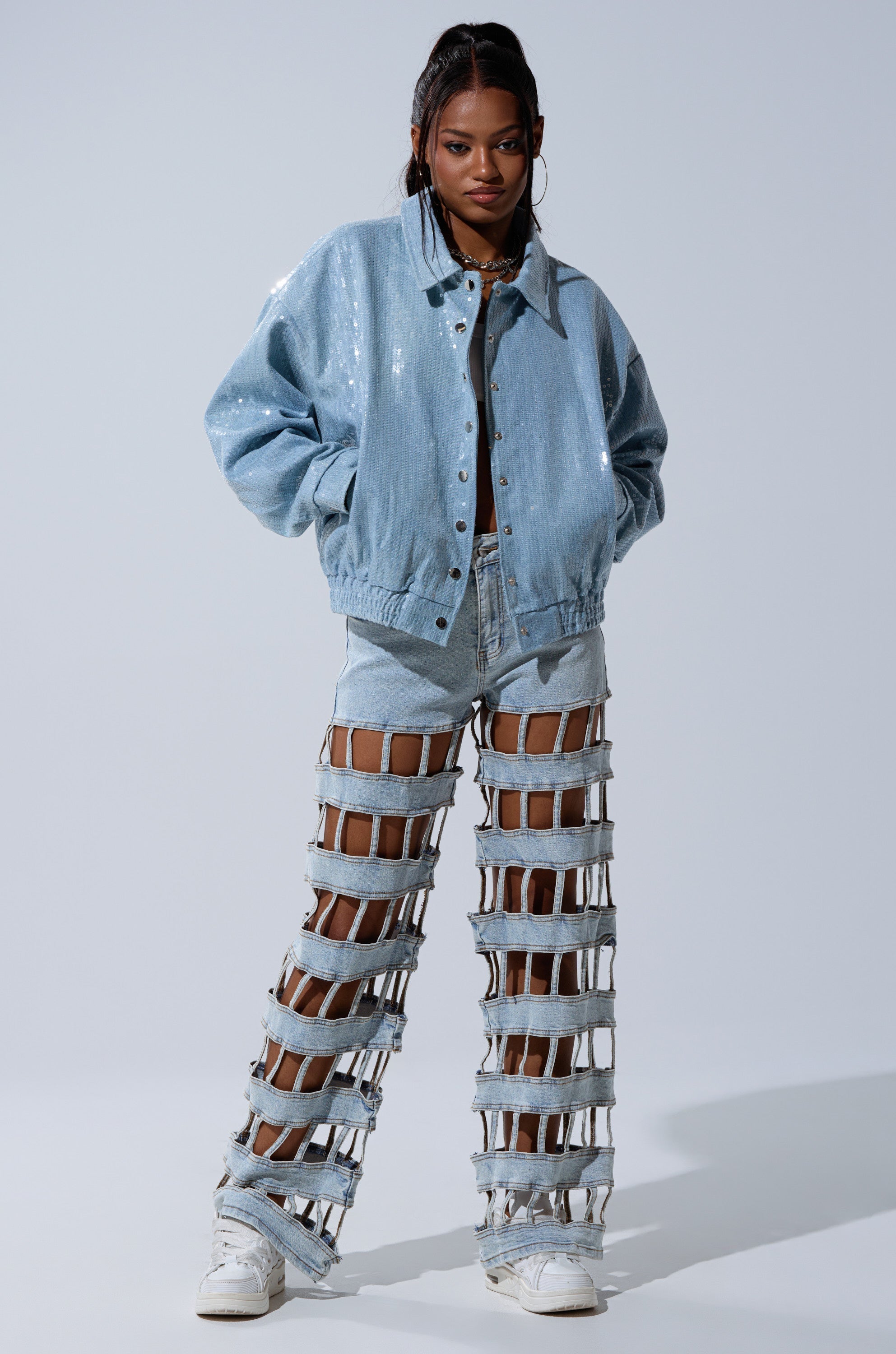 SEQUIN OVERLAY DENIM BOMBER