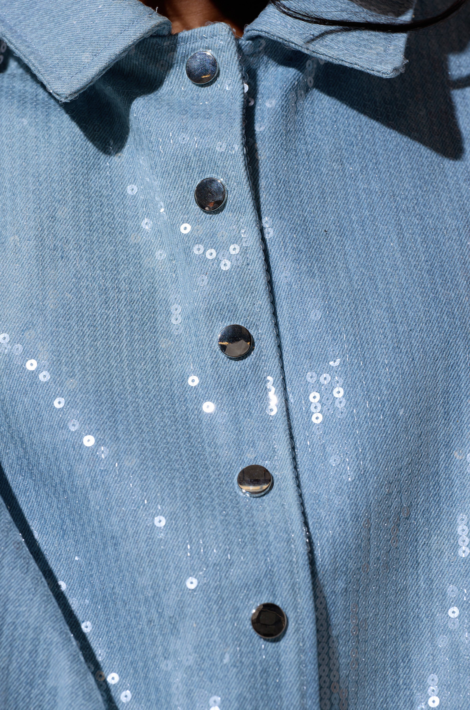 SEQUIN OVERLAY DENIM BOMBER
