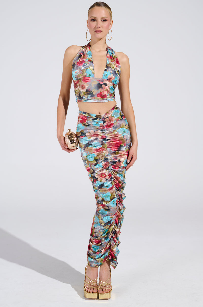 BURNT OUT CRUSHED VELVET RUCHED MAXI SKIRT