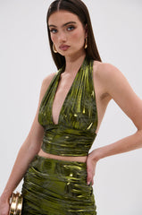TAYLOR METALLIC HALTER TOP IN GREEN