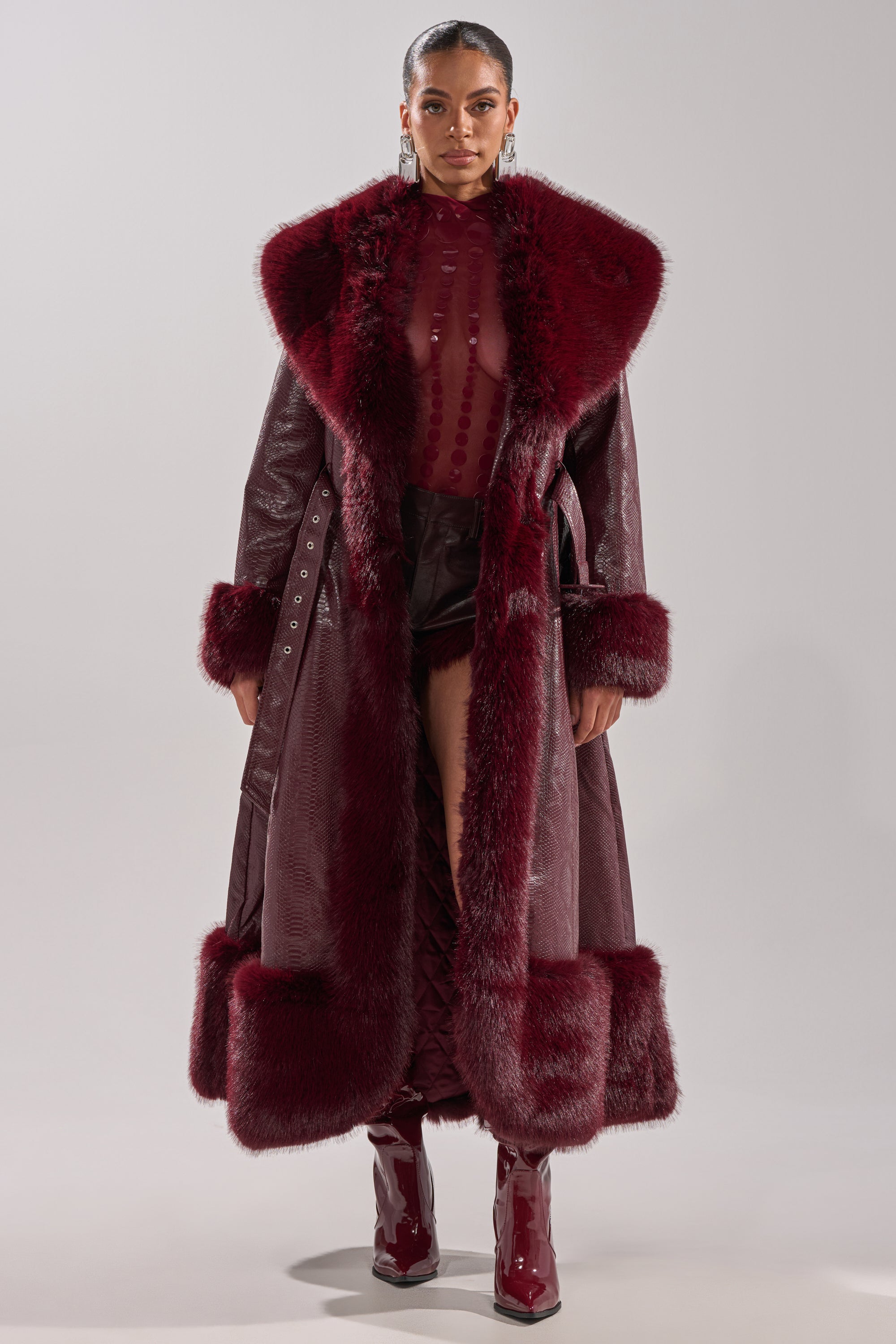 VIVIAN FUR TRIM TRENCH IN BURGUNDY