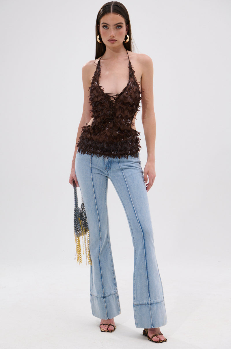 SEQUIN FRINGE QUEEN HALTER NECK BLOUSE