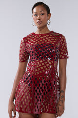 SHE'S DIFFERENT CUT OUT FAUX LEATHER MINI DRESS IN BURGUNDY