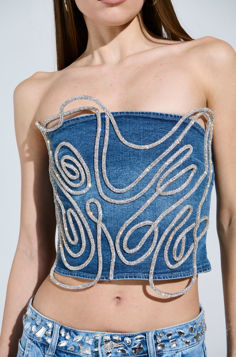 WOBBLY RHINESTONE DENIM CORSET TOP