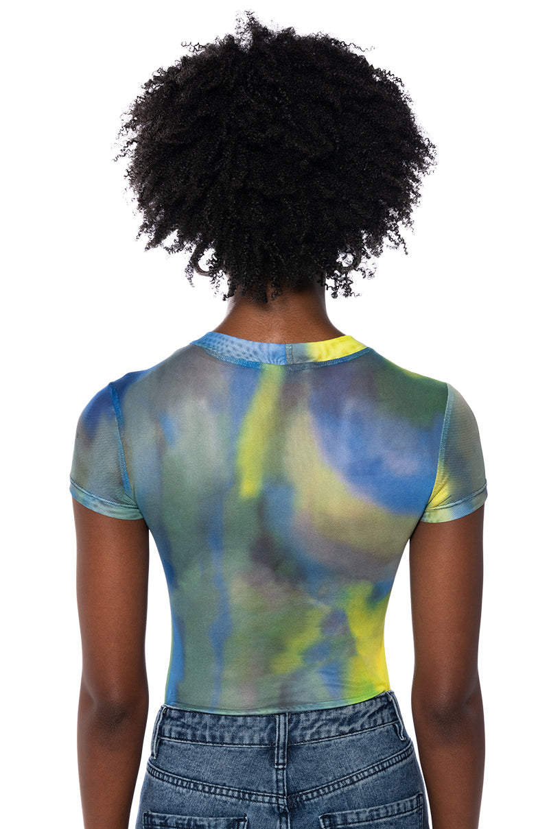 ABSTRACT PRINTED SHORT SLEEVE MESH BODYSUIT