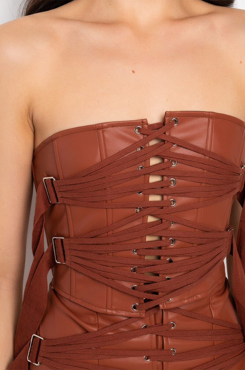 AFTER THE AFTER PARTY LACE UP FAUX LEATHER BUSTIER
