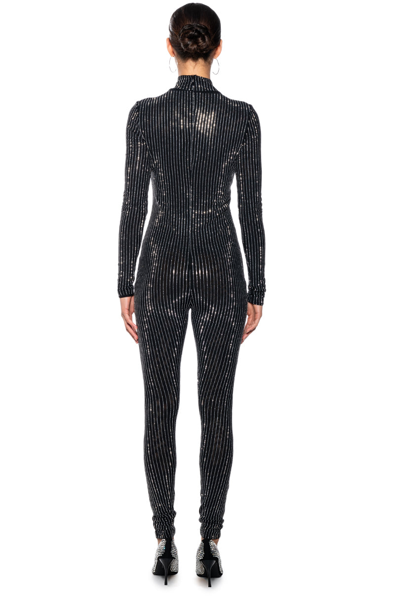ALL ABOUT ME STRIPED RHINESTONE JUMPSUIT