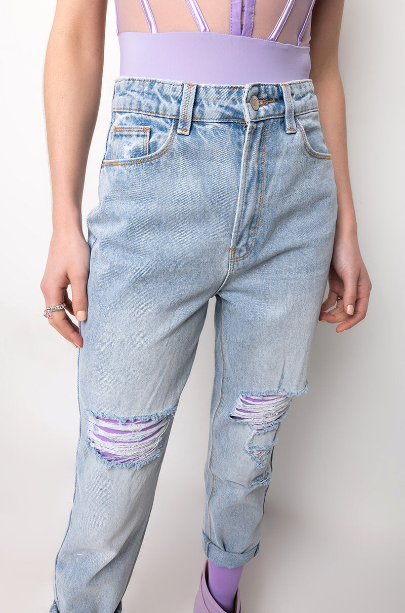 ARRIVEDERCI ACID WASH HIGH RISE DISTRESSED MOM JEANS
