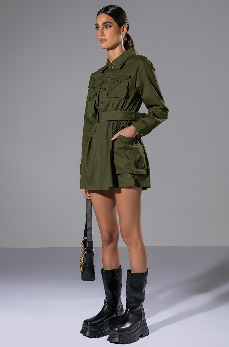 ATTENTION CARGO LONG SLEEVE MINI DRESS