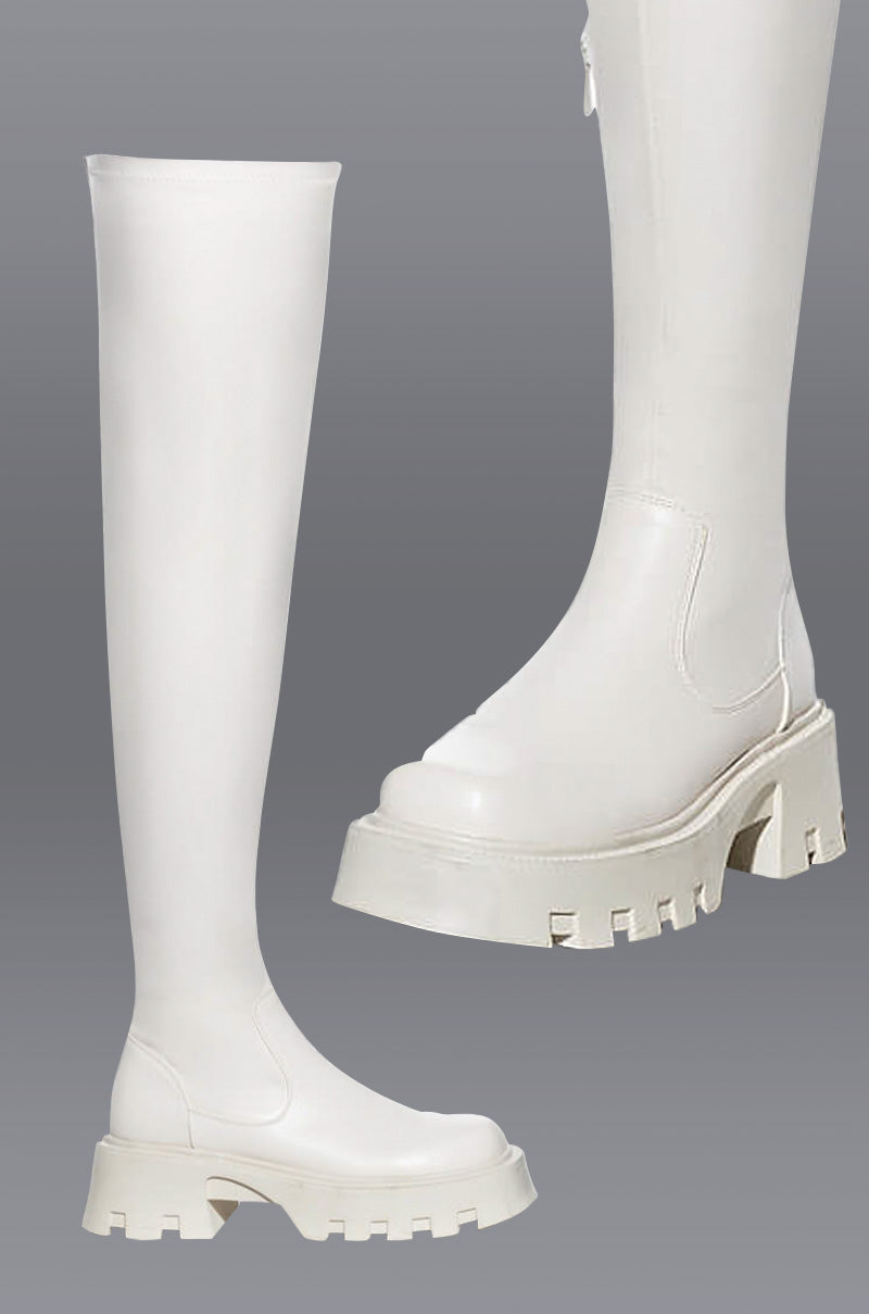 AZALEA WANG MILLY THIGH HIGH FLATFORM BOOT IN BONE STRETCH