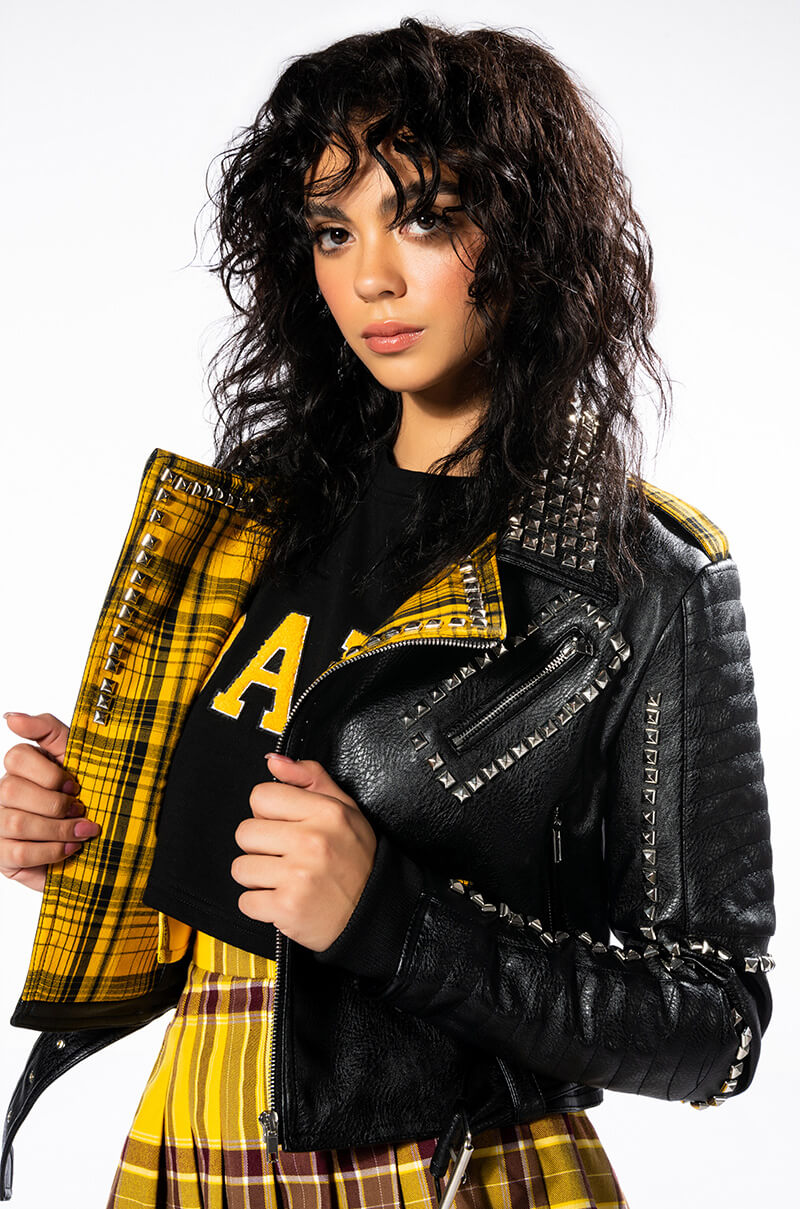 COLLEGIATE BACK TO SCHOOL PLAID MOTO JACKET