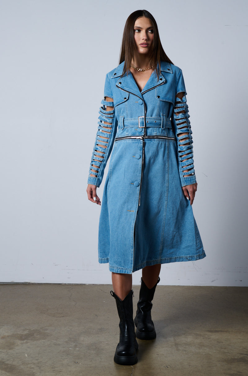 BLOSSOM DENIM CUT OUT PANEL CONVERTIBLE TRENCH