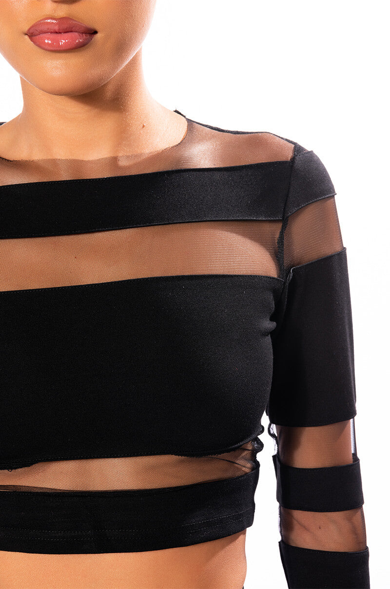 CUT TO THE CHASE MESH PANEL LONG SLEEVE CREW NECK TOP