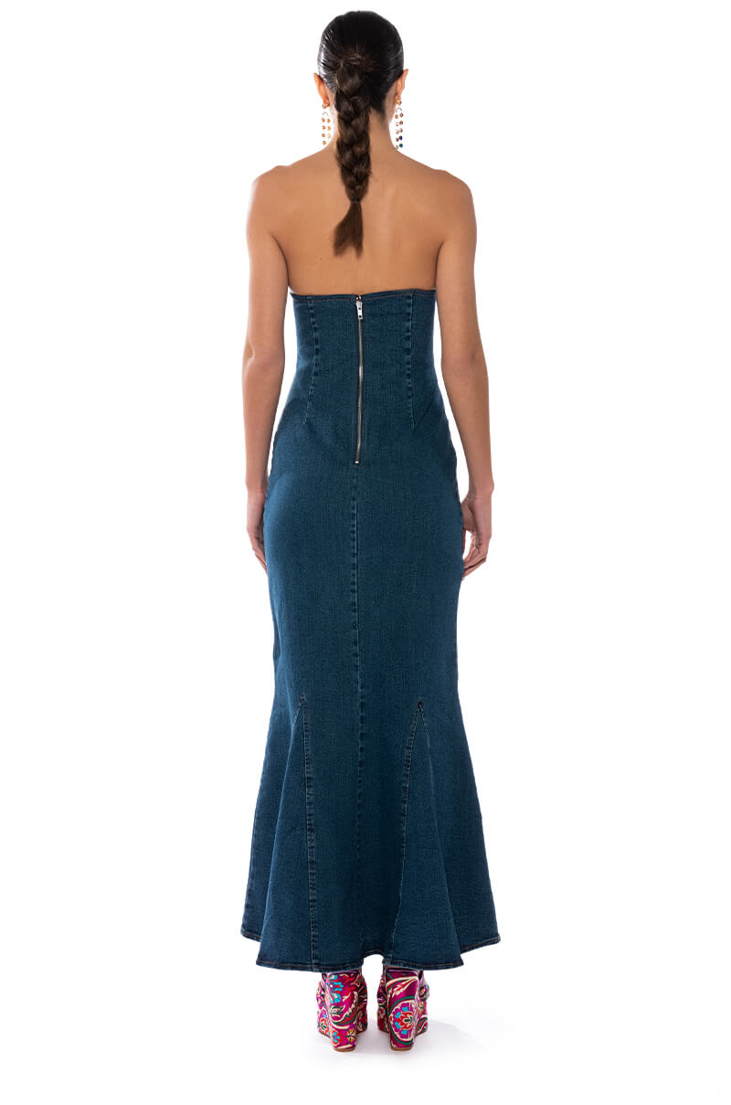 JENNA FLARE DENIM MAXI DRESS