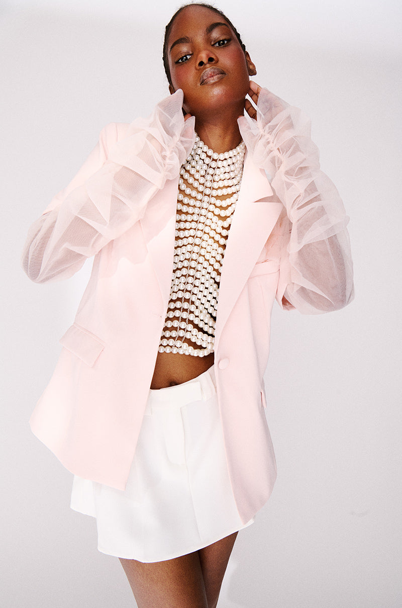 DRAMATIC HIGH COLLAR PEARL TOP
