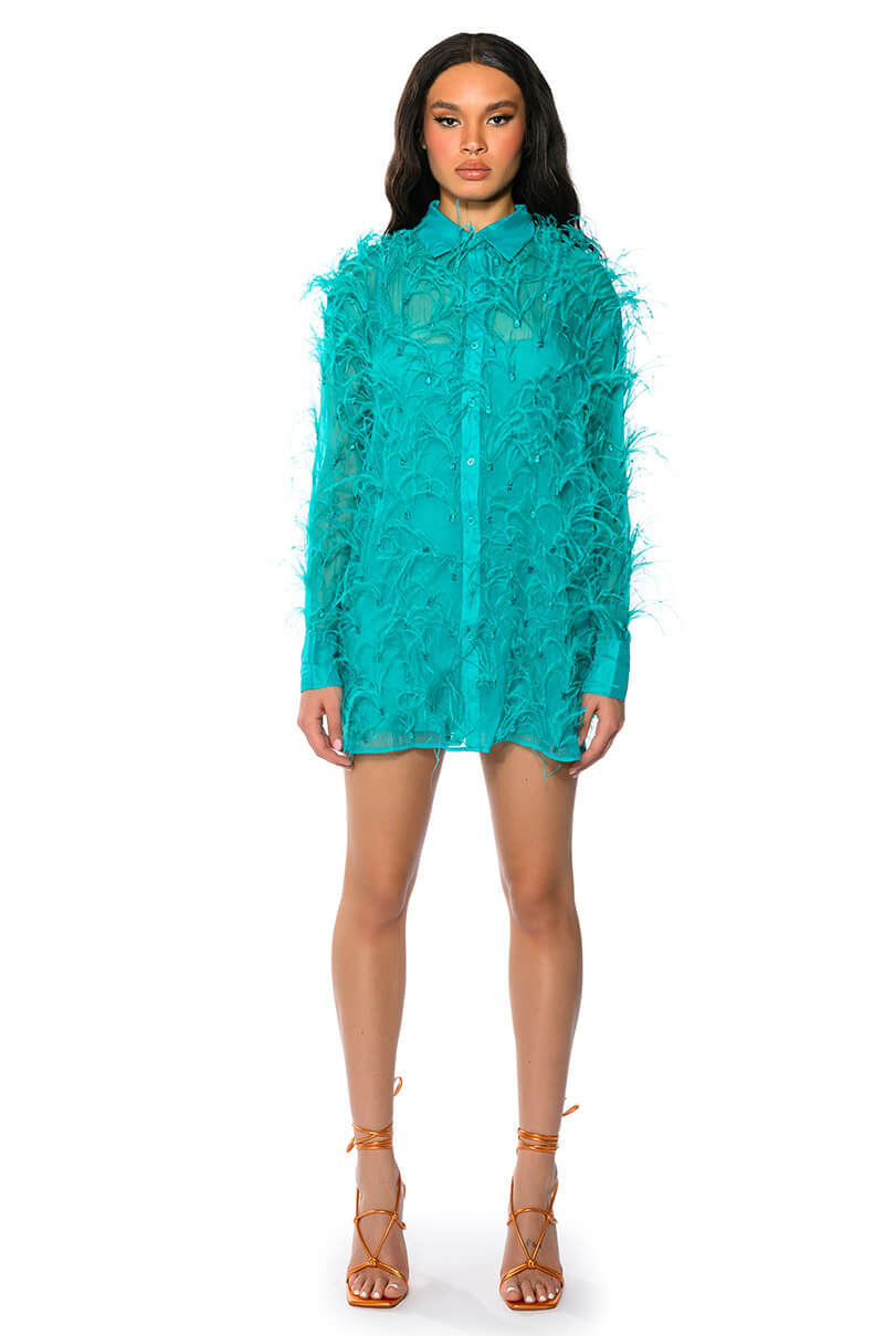 ELSIE FEATHER DETAIL SHIRT DRESS