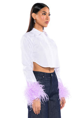 FEATHERS ON MY MIND CROPPED POPLIN SHIRT WITH FEATHERS
