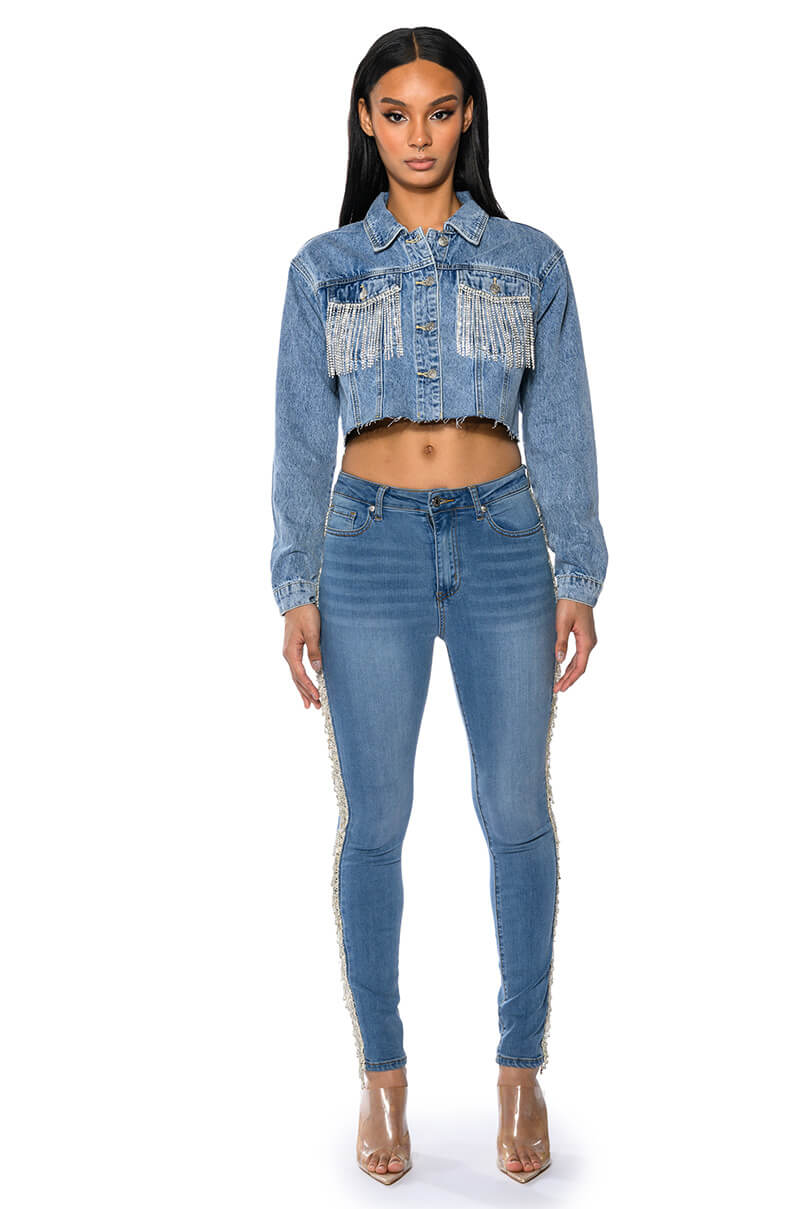 FELLING LIKE A STAR HIGH RISE RHINESTONE SKINNY JEANS