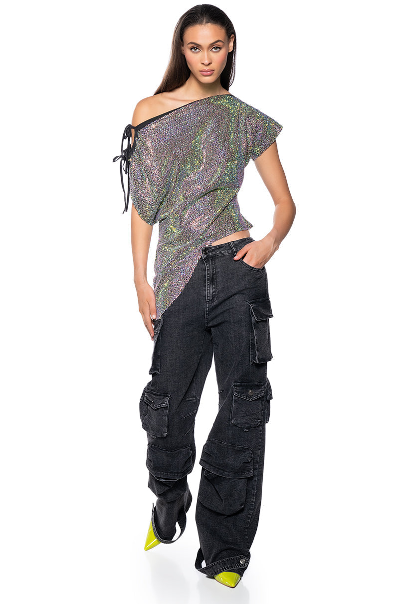 GLISTENING ASYMMETRICAL TSHIRT IN GREY MULTI
