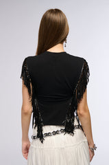 GRUNGE GIRL FAUX LEATHER FRINGE TSHIRT