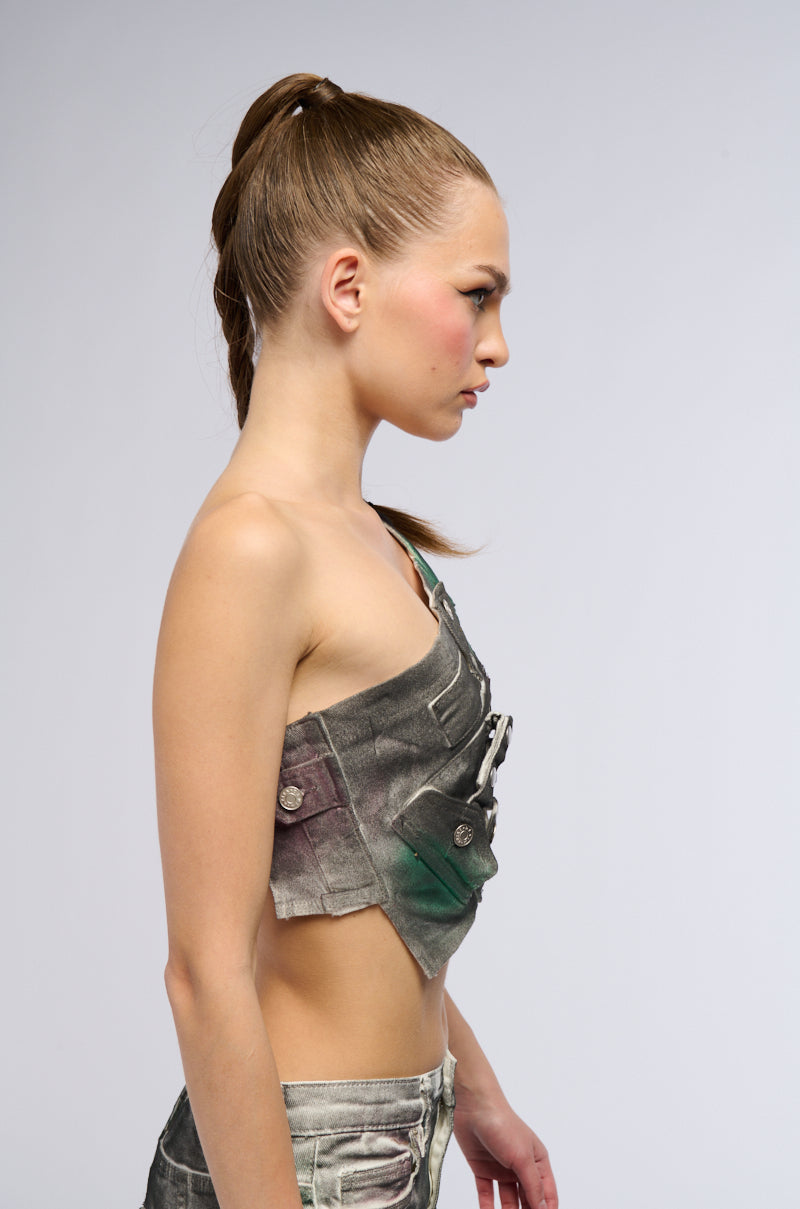 NOT YOURS BRALETTE DETAIL LAYERED PAINTED BUTTON DOWN BLOUSE