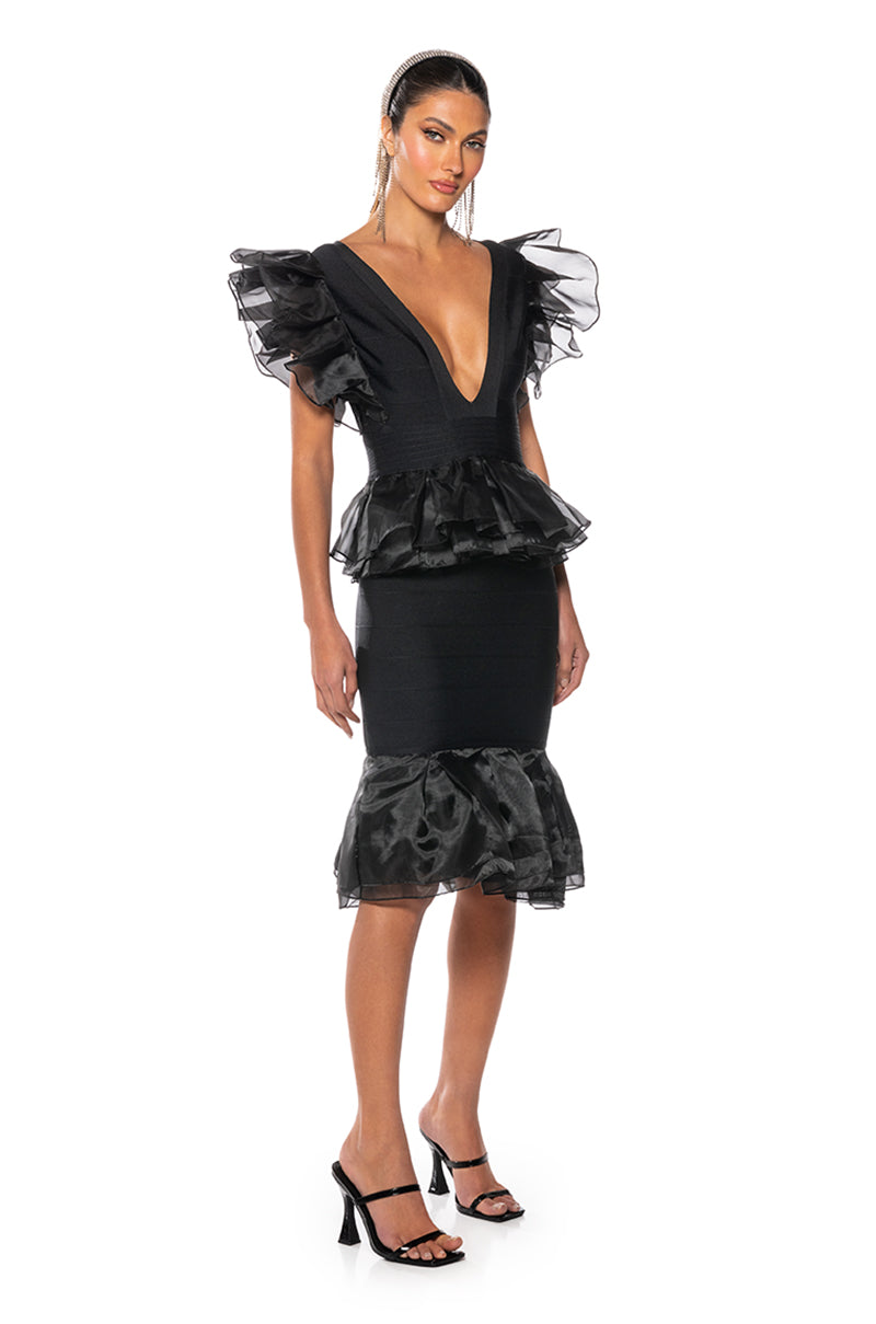 INTO THE NIGHT BLACK RUFFLE BANDAGE DRESS