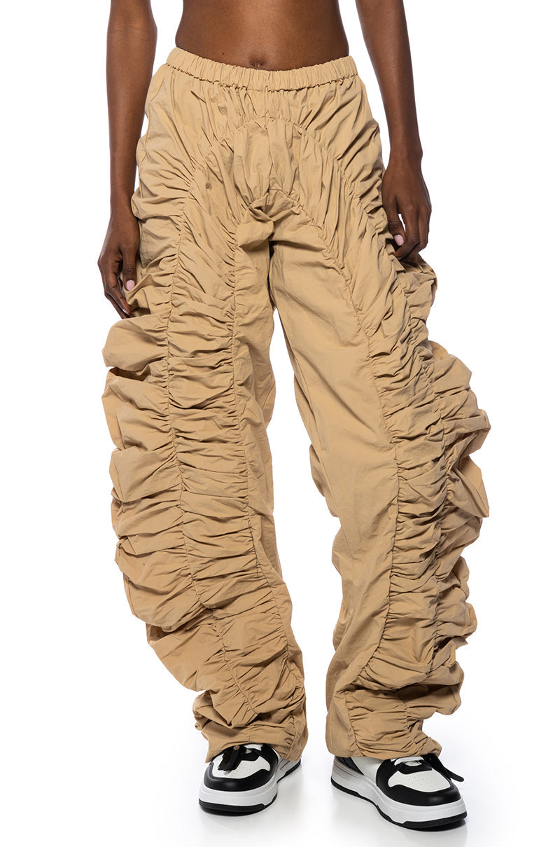 JAYCE RUCHED NYLON WIDE LEG PANT