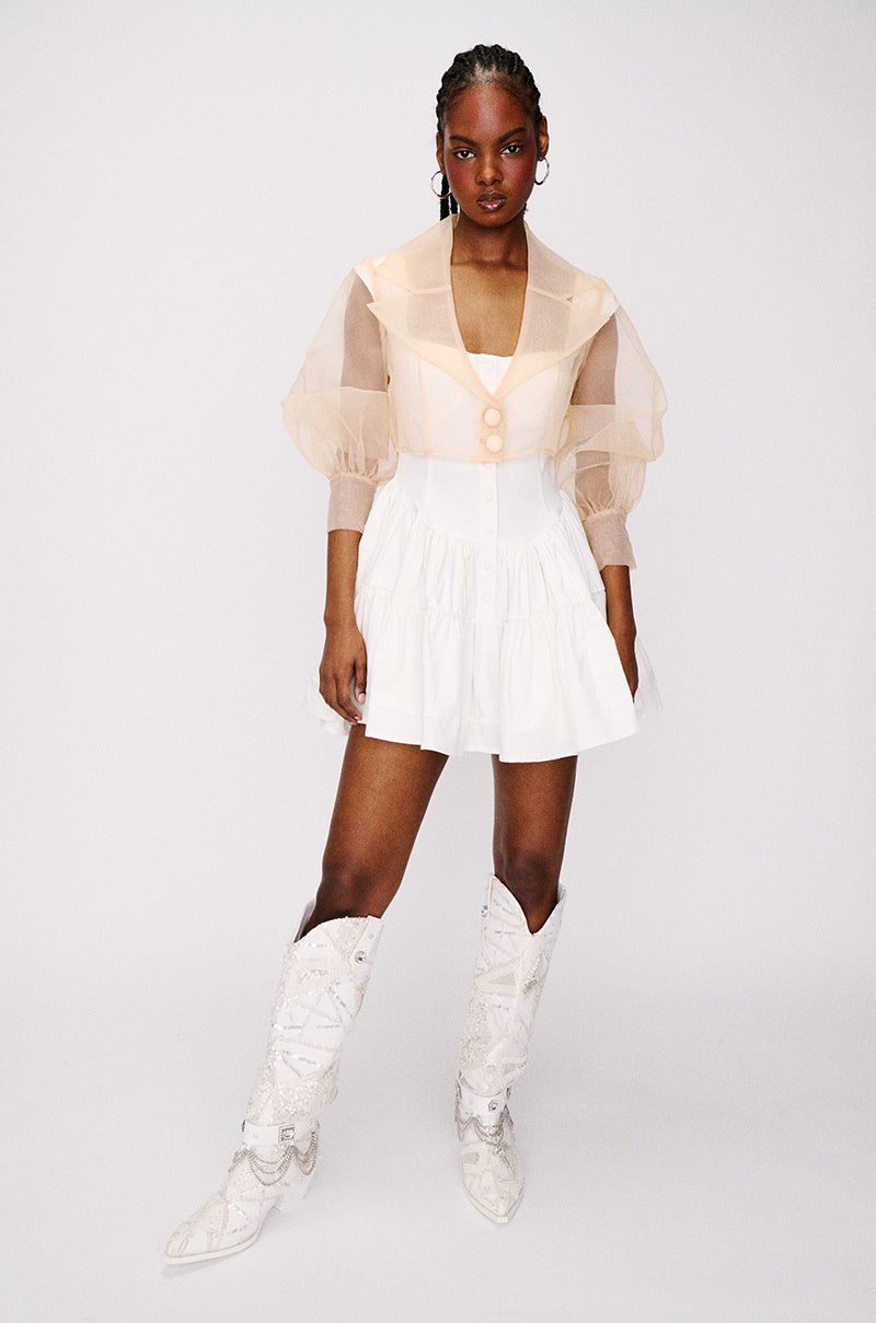 LIGHTWEIGHT MESH CROP BLAZER IN BEIGE
