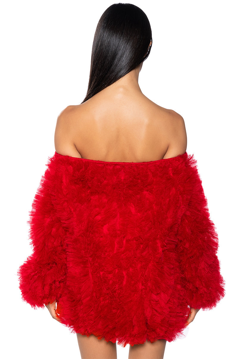 LOOFAH OFF THE SHOULDER MINI DRESS