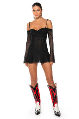 SADIE OFF THE SHOULDER MESH MINI DRESS