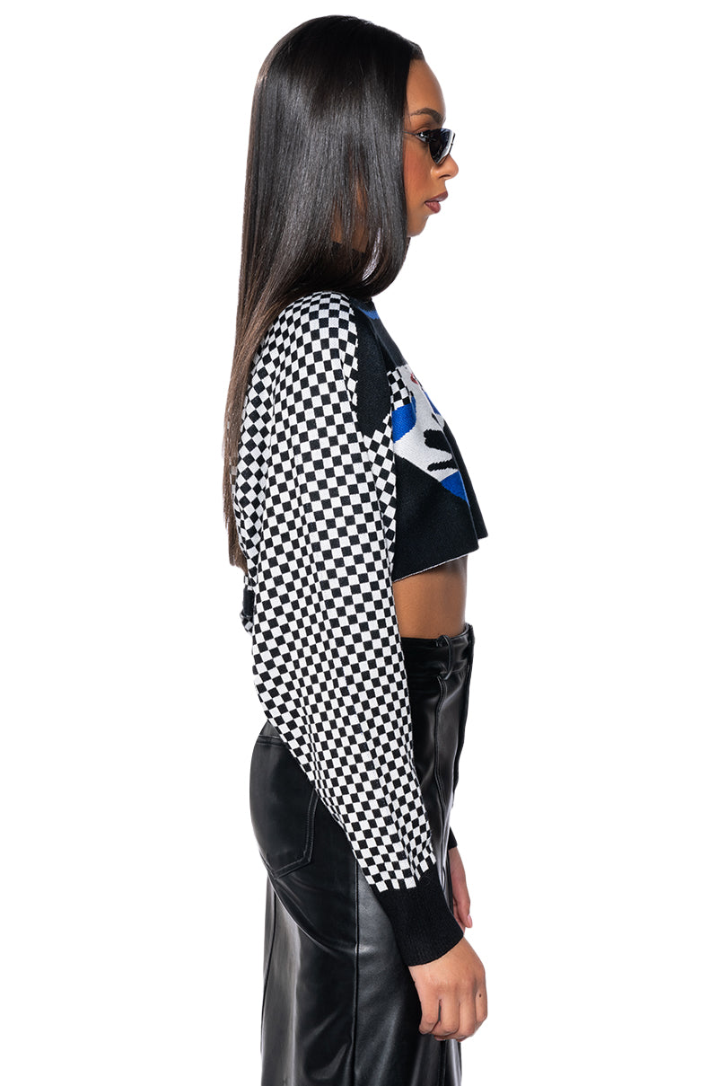 MADEMOISELLE NOIR MOCK NECK CHECKERED KNIT SWEATER