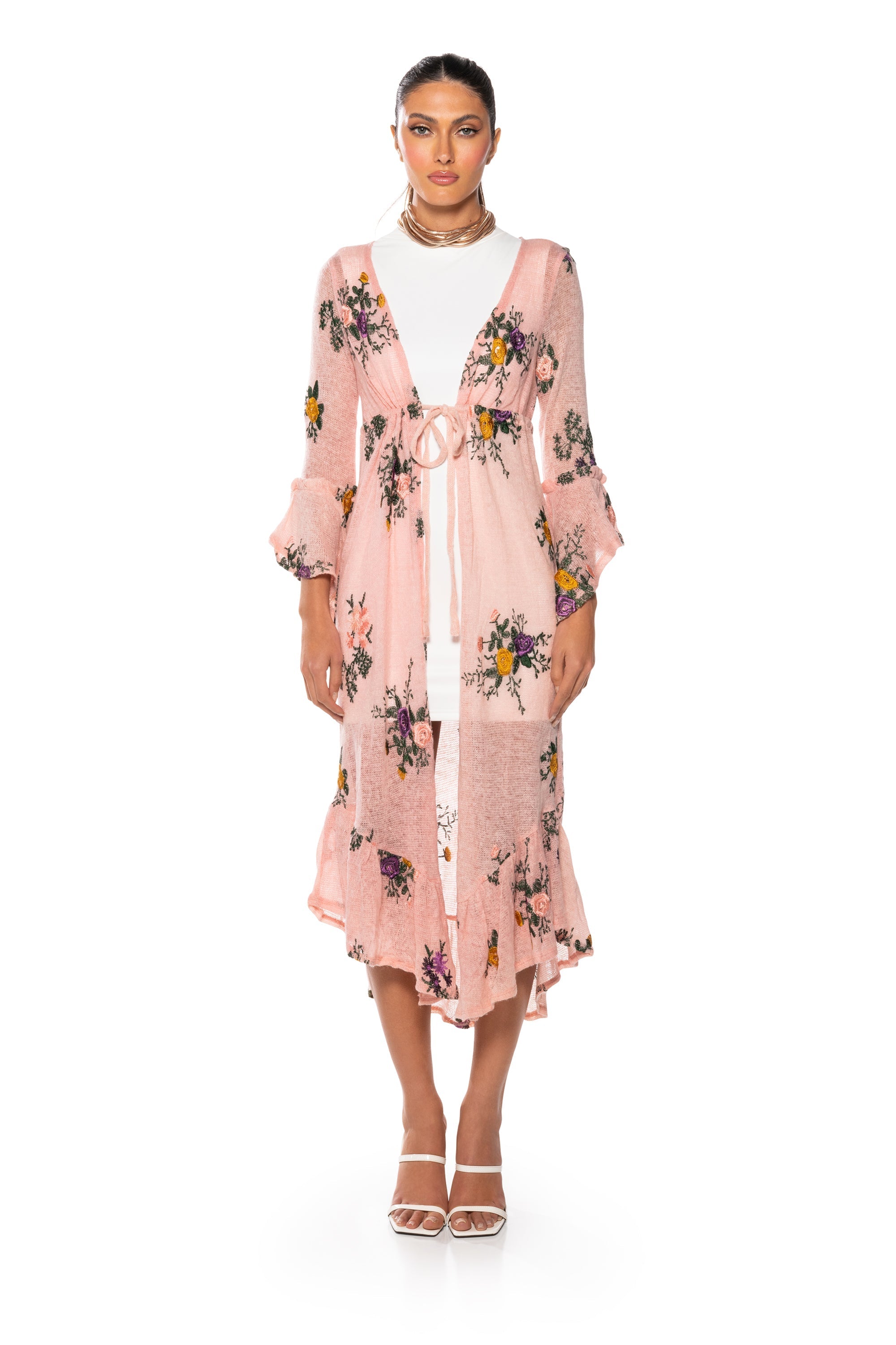 MISS HONEY LONG SLEEVE FLORAL DUSTER SWEATER