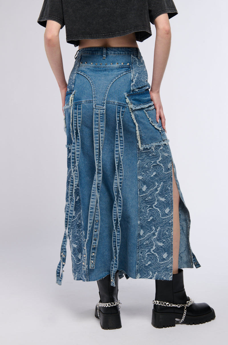 MIXED MEDIA DENIM MAXI SKIRT