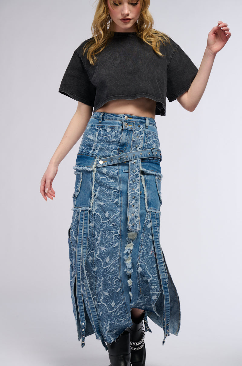 MIXED MEDIA DENIM MAXI SKIRT