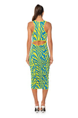 OUT AND ABOUT RUCHED BACK MIDI DRESS