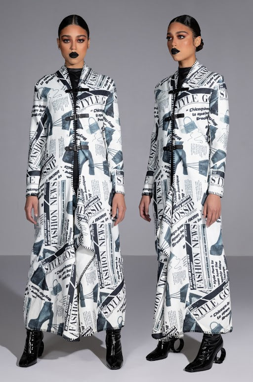 PARTY LIKE ITS 2002 NEWSPAPER PRINT LONG CARDIGAN