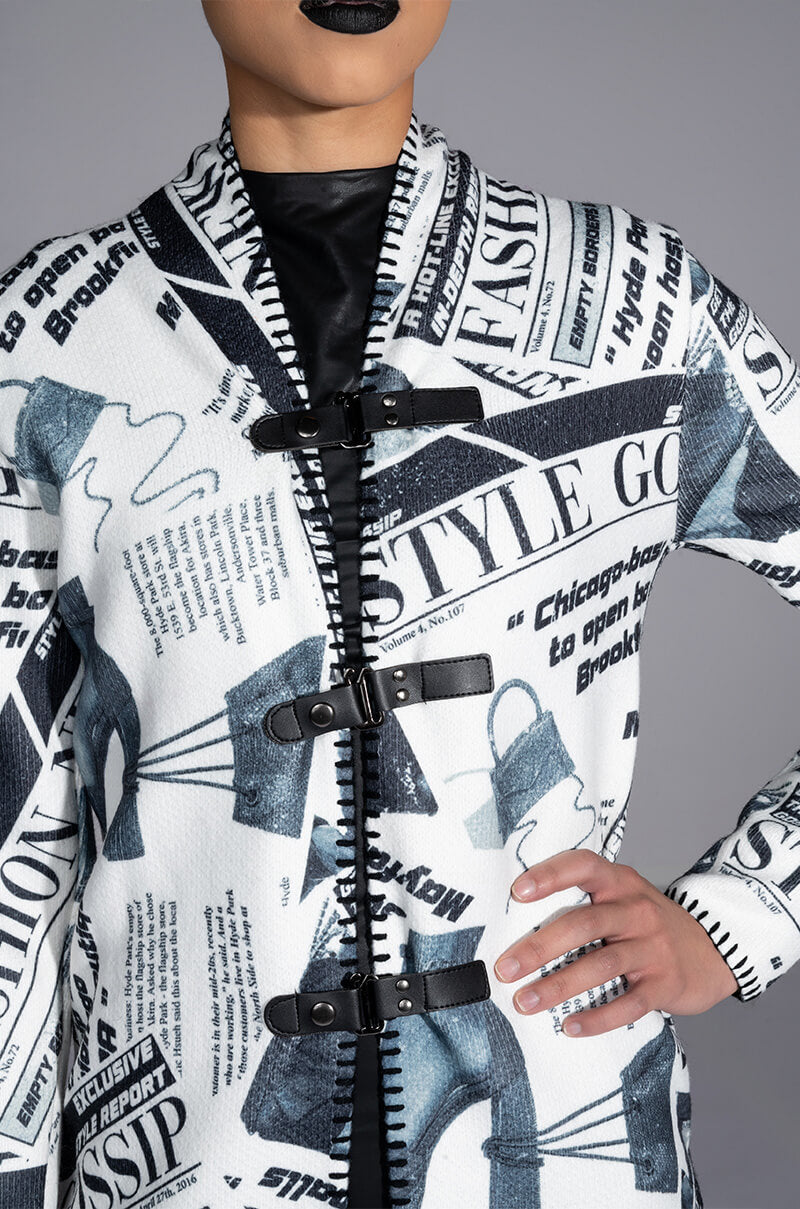 PARTY LIKE ITS 2002 NEWSPAPER PRINT LONG CARDIGAN