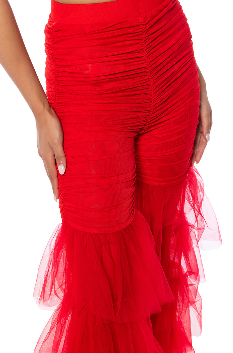 SAMMIE CINCHED MESH FLARE LEG PANT IN RED