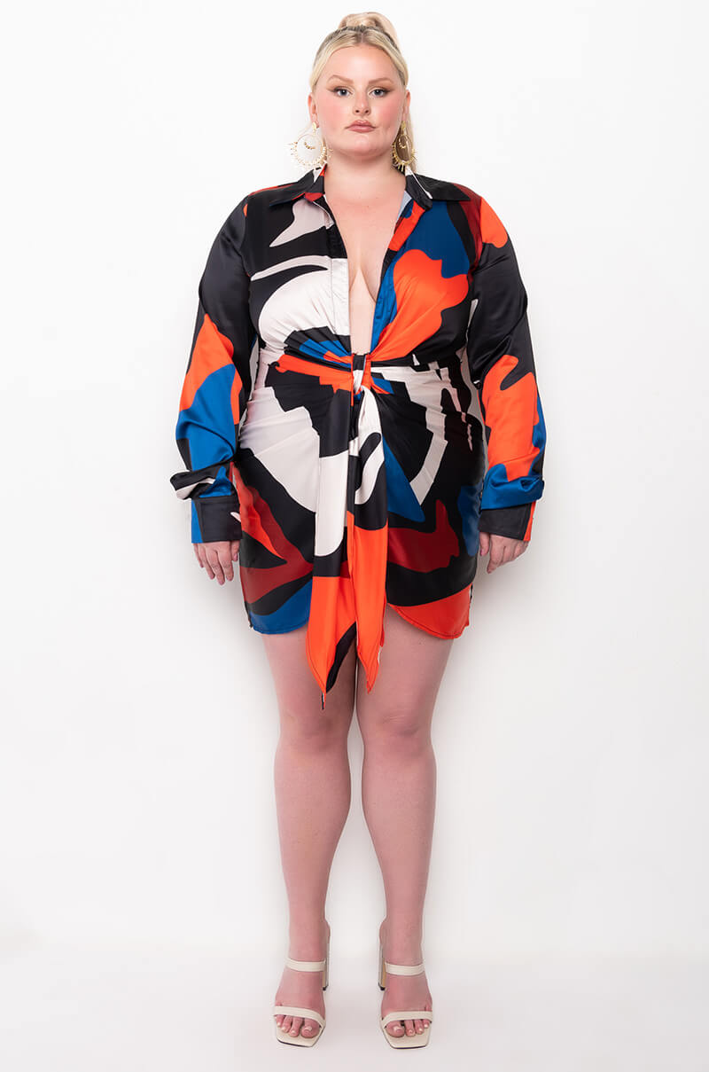 PLUS ABSTRACT SATIN SHIRT DRESS