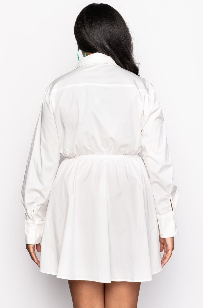 PLUS SUCH A LOOK OPEN BACK BUTTON UP FIT AND FLARE MINI DRESS