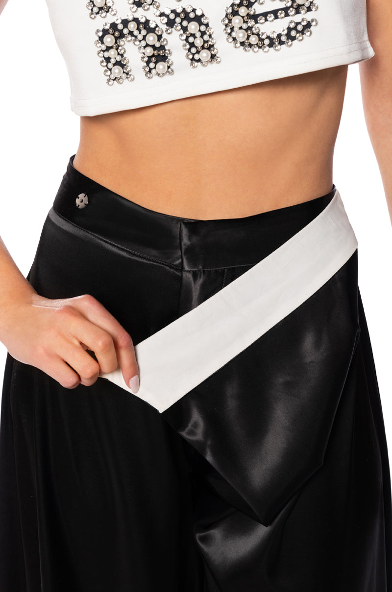 RISKY BUSINESS WRAP AROUND WIDE LEG SATIN PANT