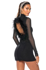 ROSALIE OPEN BACK FUR TRIM MESH MINI DRESS